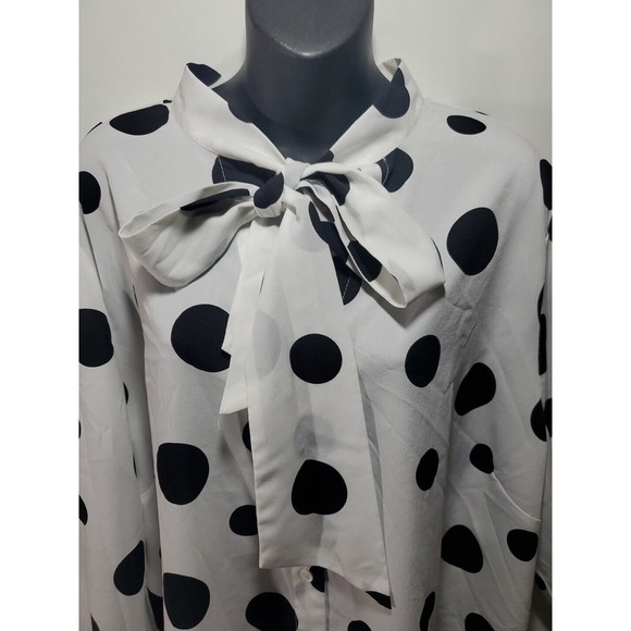 Eloquii 24 White Black Polka Dots Tie At Neckline Button Down Long Sleeve Blouse - Picture 3 of 11